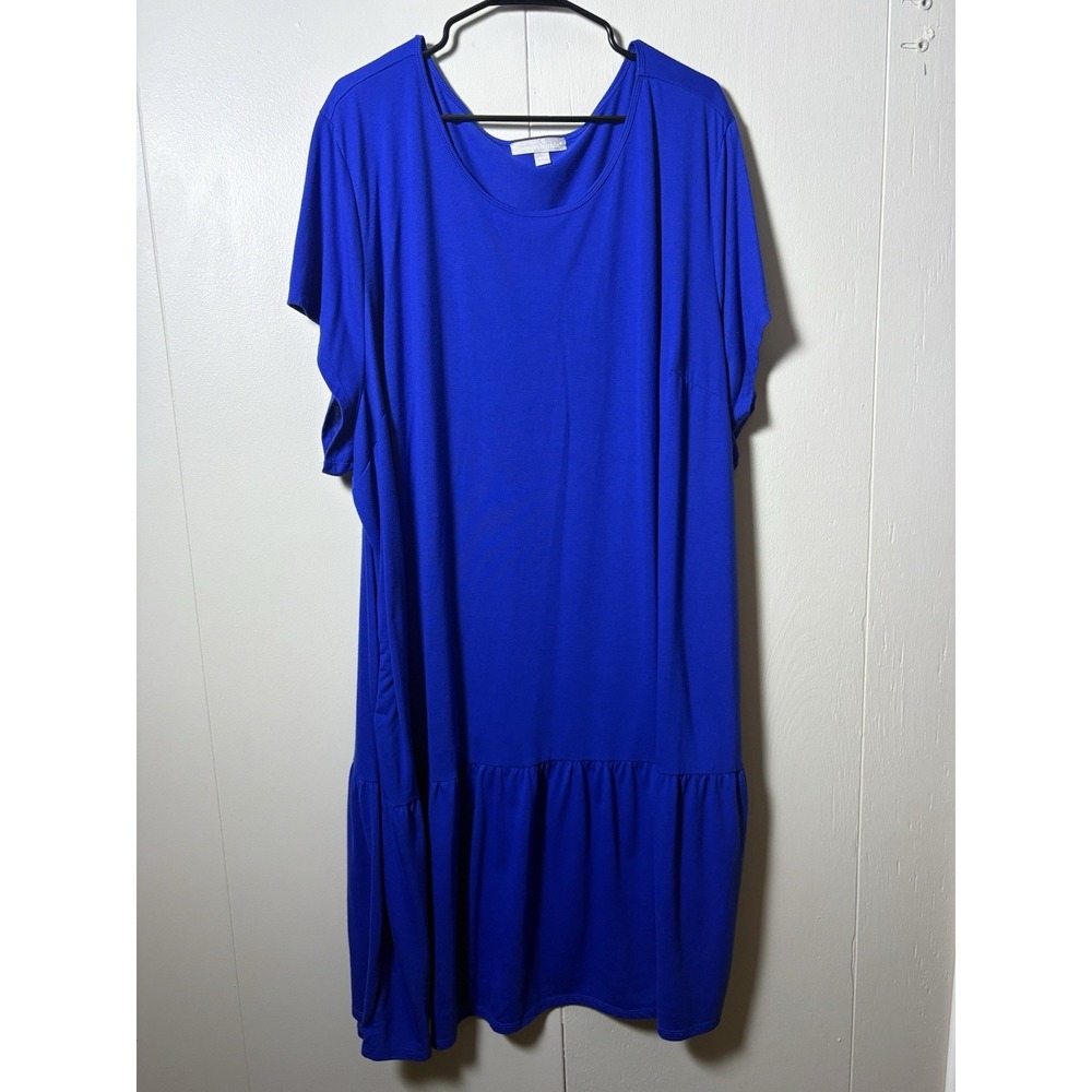 Woman Within 5X 38/40 Royal Blue Swing Dress Short Sleeve Ruffle Hem Travel